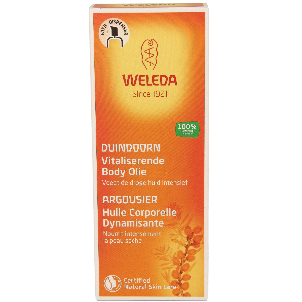 Weleda Duindoorn vitaliserende lichaamsolie in 100ml bottle, natural body care product with nourishing oil for skin.