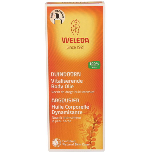 Weleda Duindoorn vitaliserende lichaamsolie in 100ml bottle, natural body care product with nourishing oil for skin.