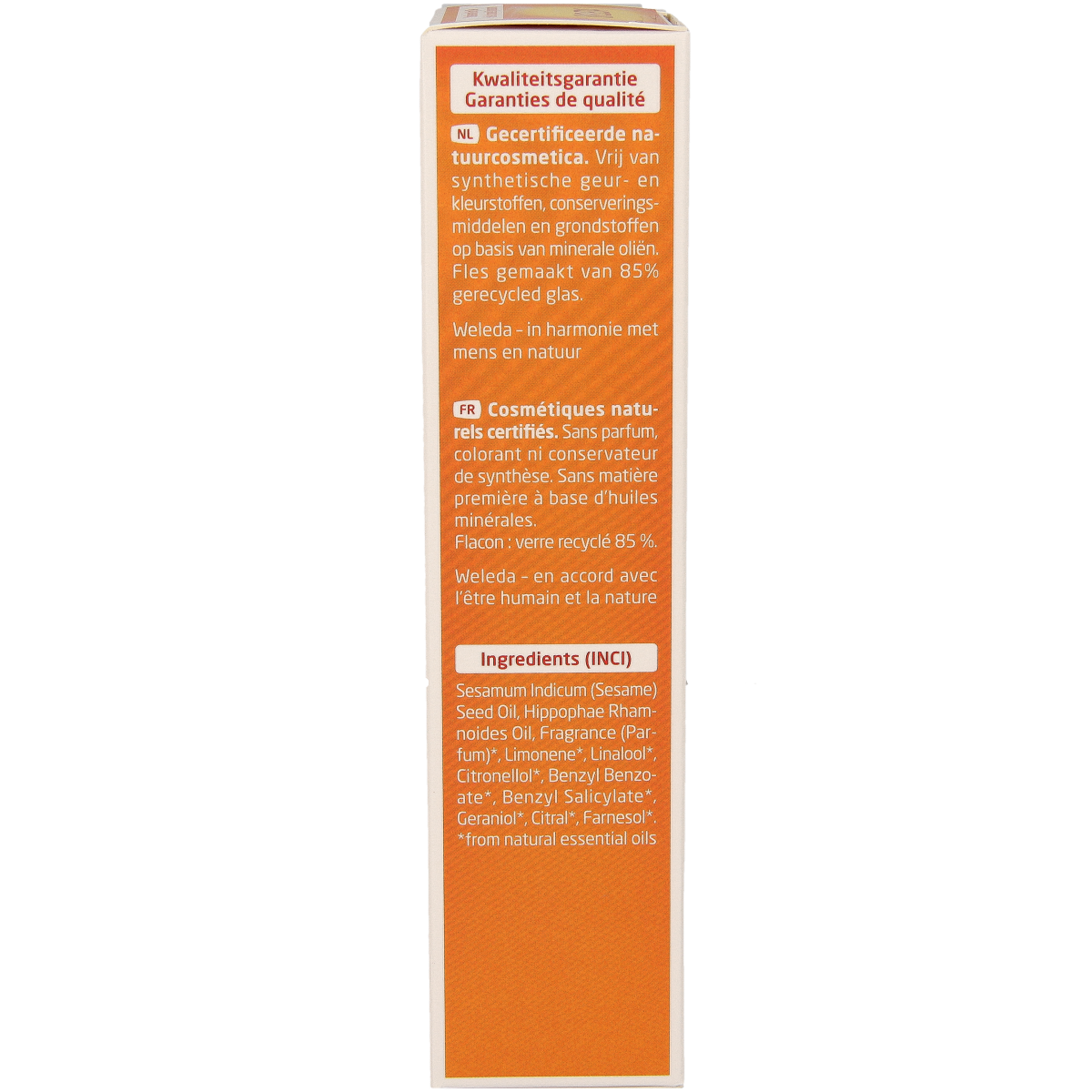 Weleda Duindoorn vitaliserende body olie in 100ml bottle, natural orange-colored body care oil with botanical ingredients.
