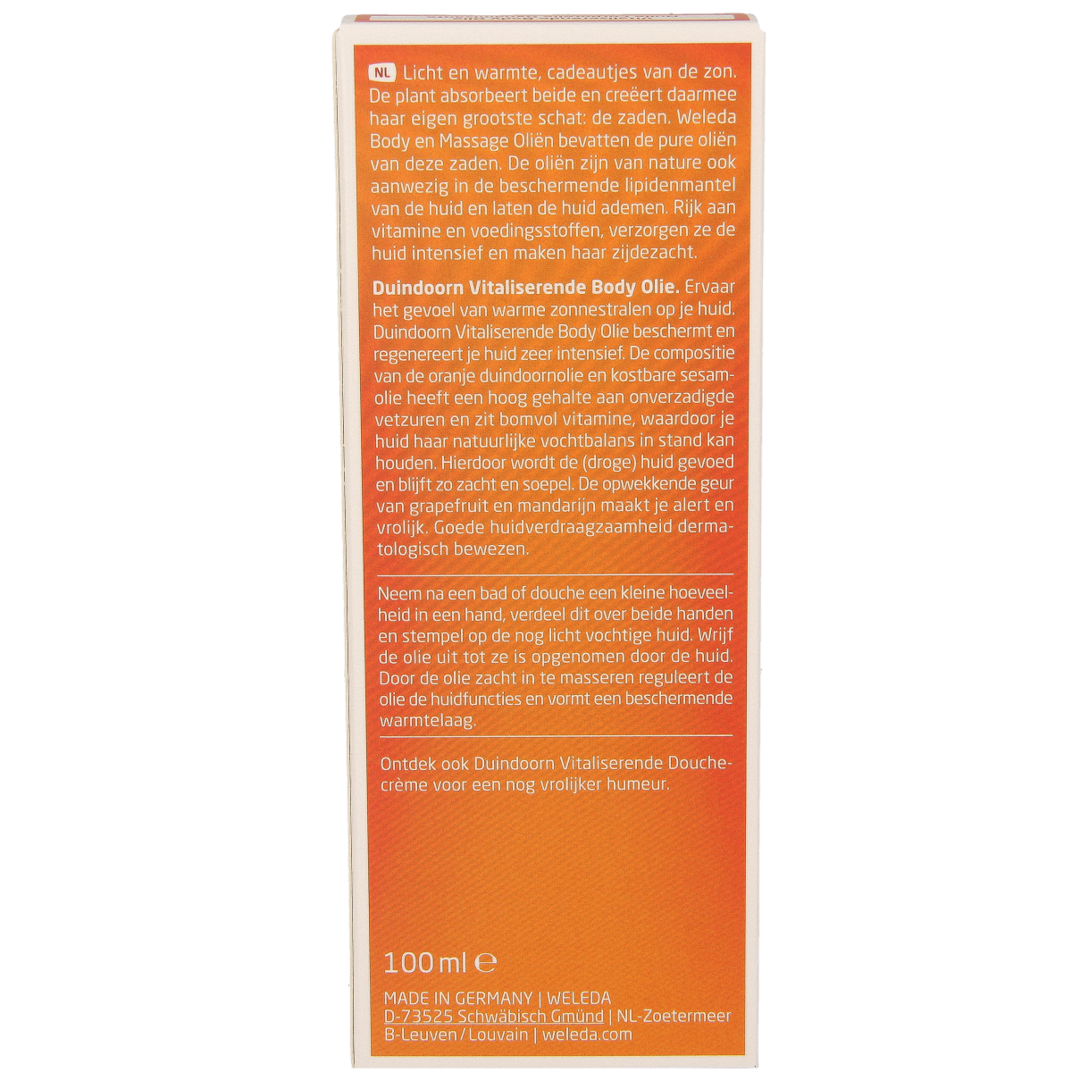 Weleda Duindoorn vitaliserende body olie in 100ml bottle, natural body care product with orange hue and pump dispenser.