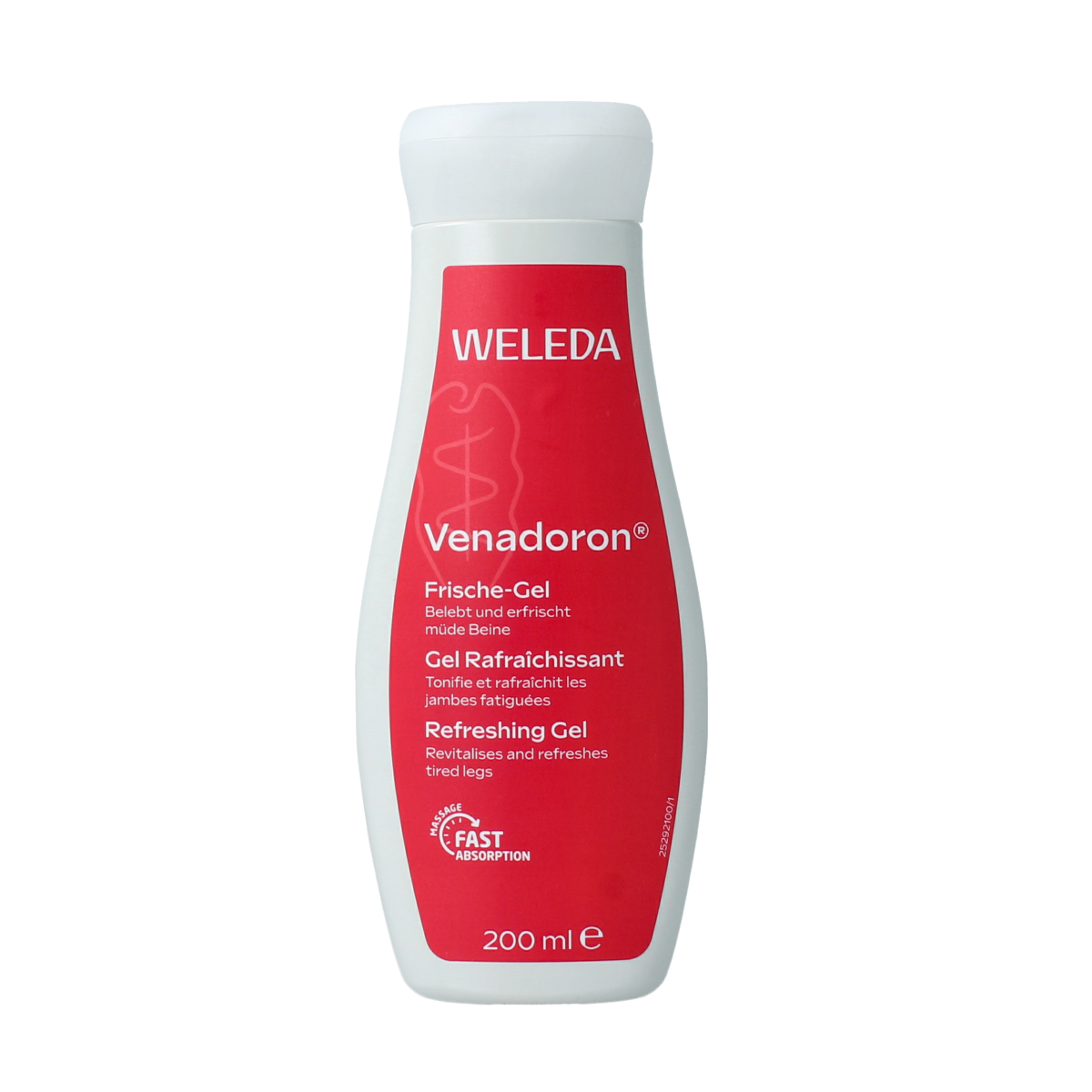 Weleda Venadoron gel for tired legs, 200ml, soothing herbal foot and leg care product, in a clear tube with green accents.
