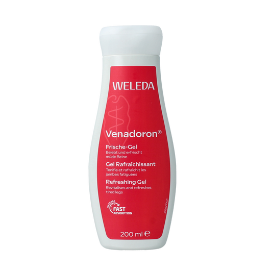 Weleda Venadoron gel for tired legs, 200ml, soothing herbal foot and leg care product, in a clear tube with green accents.