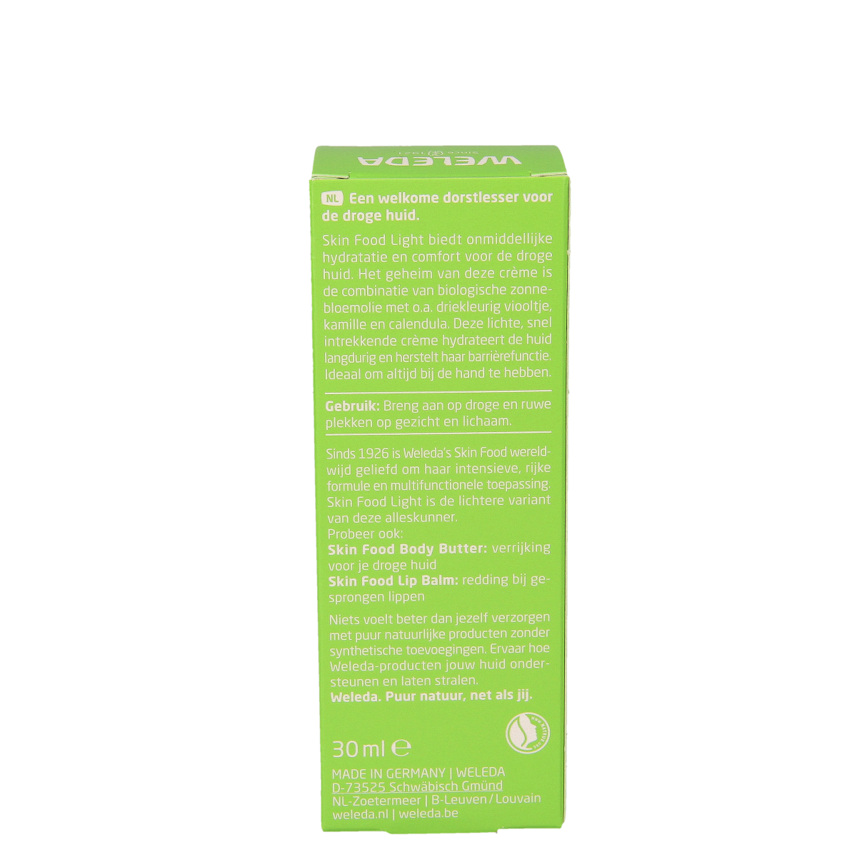 Weleda Skin Food Light body care product in 30ml tube, moisturizing cream for skin nourishment and hydration.