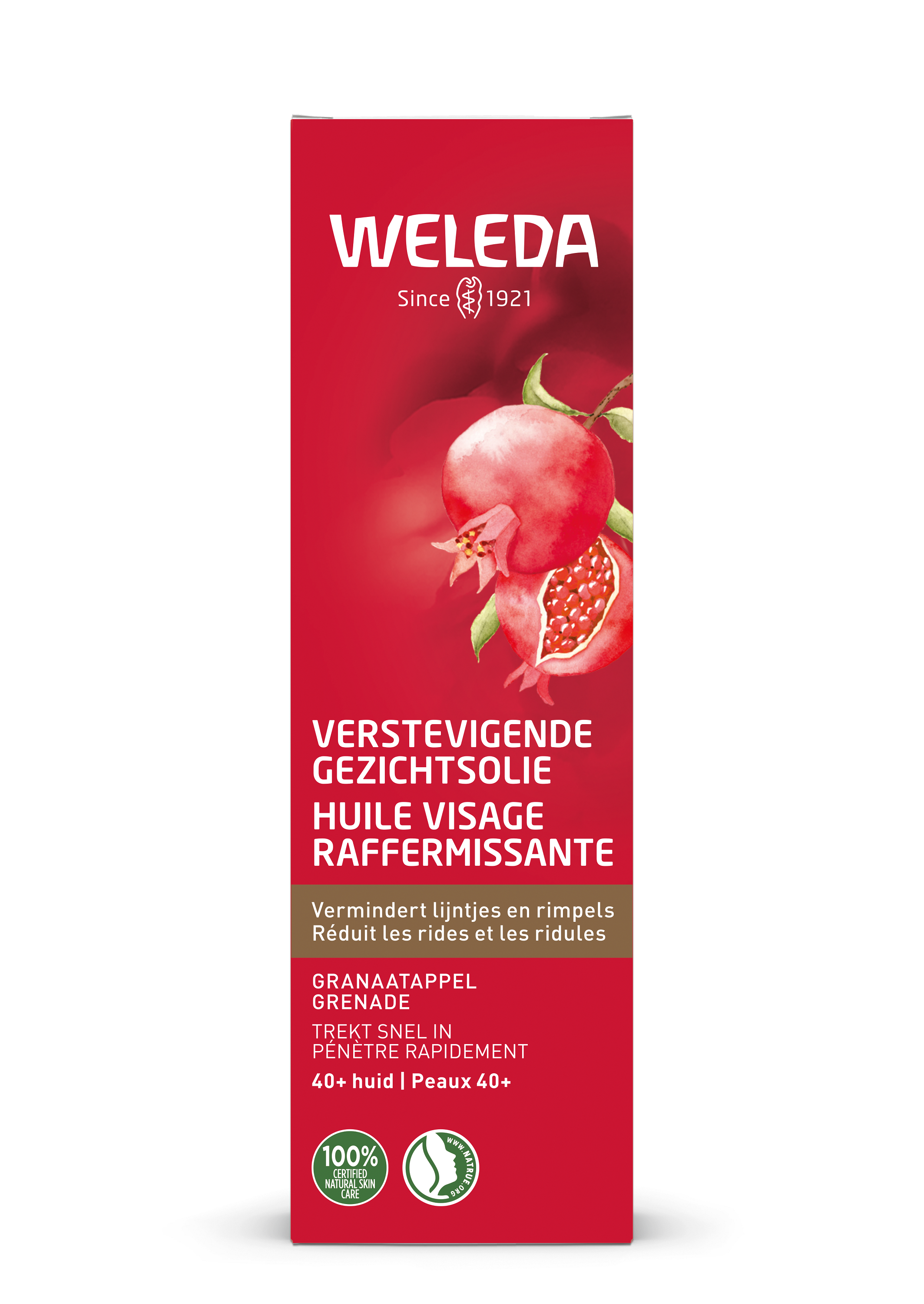 Weleda Granaatappel verstevigende gezichtsverzorging gezichtsolie in 30ml bottle, featuring a natural skincare product with a dropper.