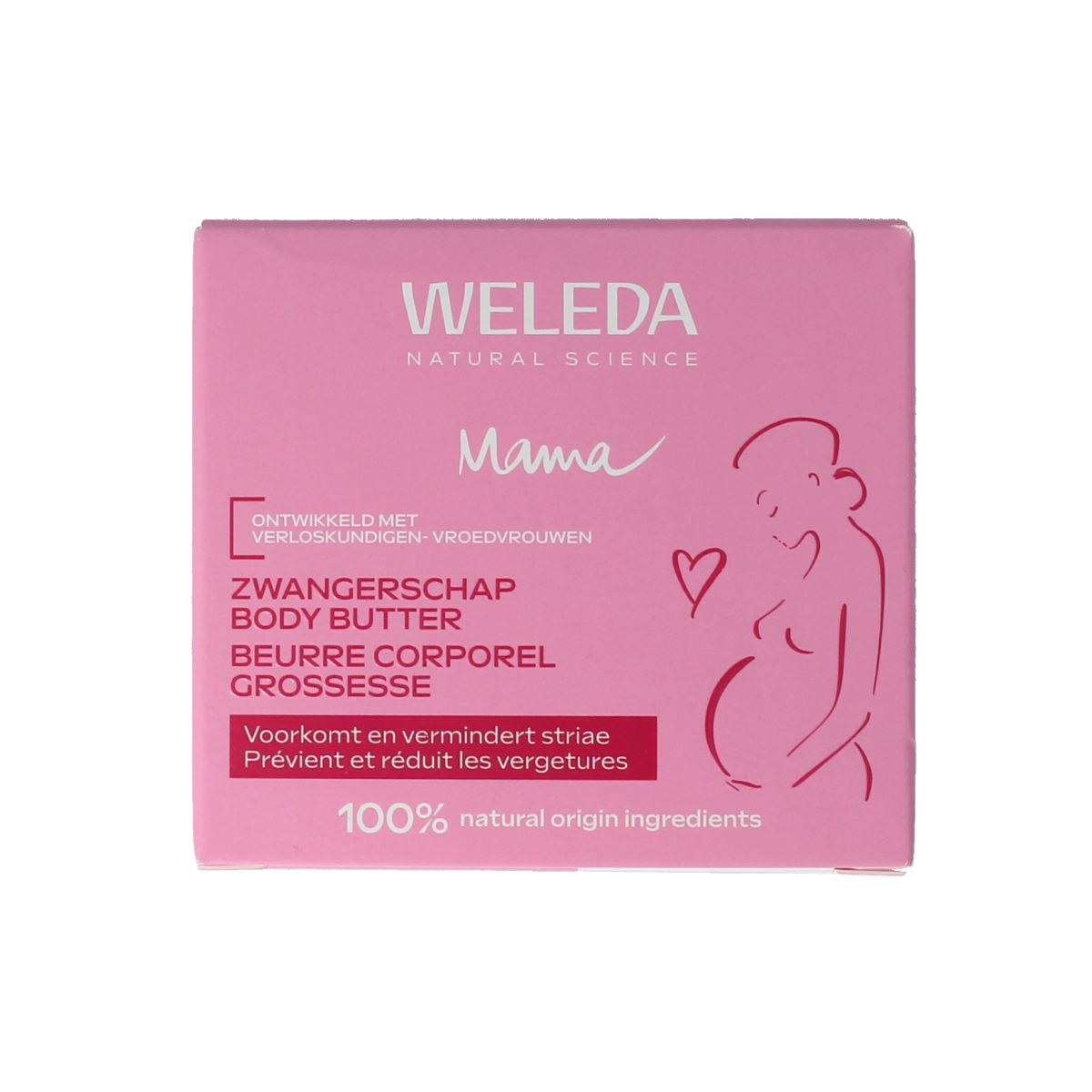 Weleda Body Butter zwangerschap 150ml, creamy moisturizer for pregnancy skin care, shown in a white jar.