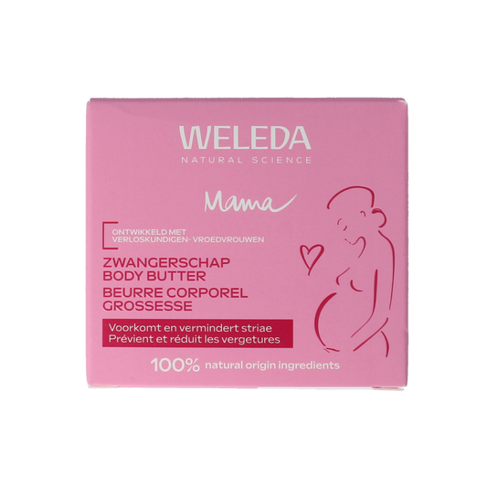 Weleda Body Butter zwangerschap 150ml, creamy moisturizer for pregnancy skin care, shown in a white jar.