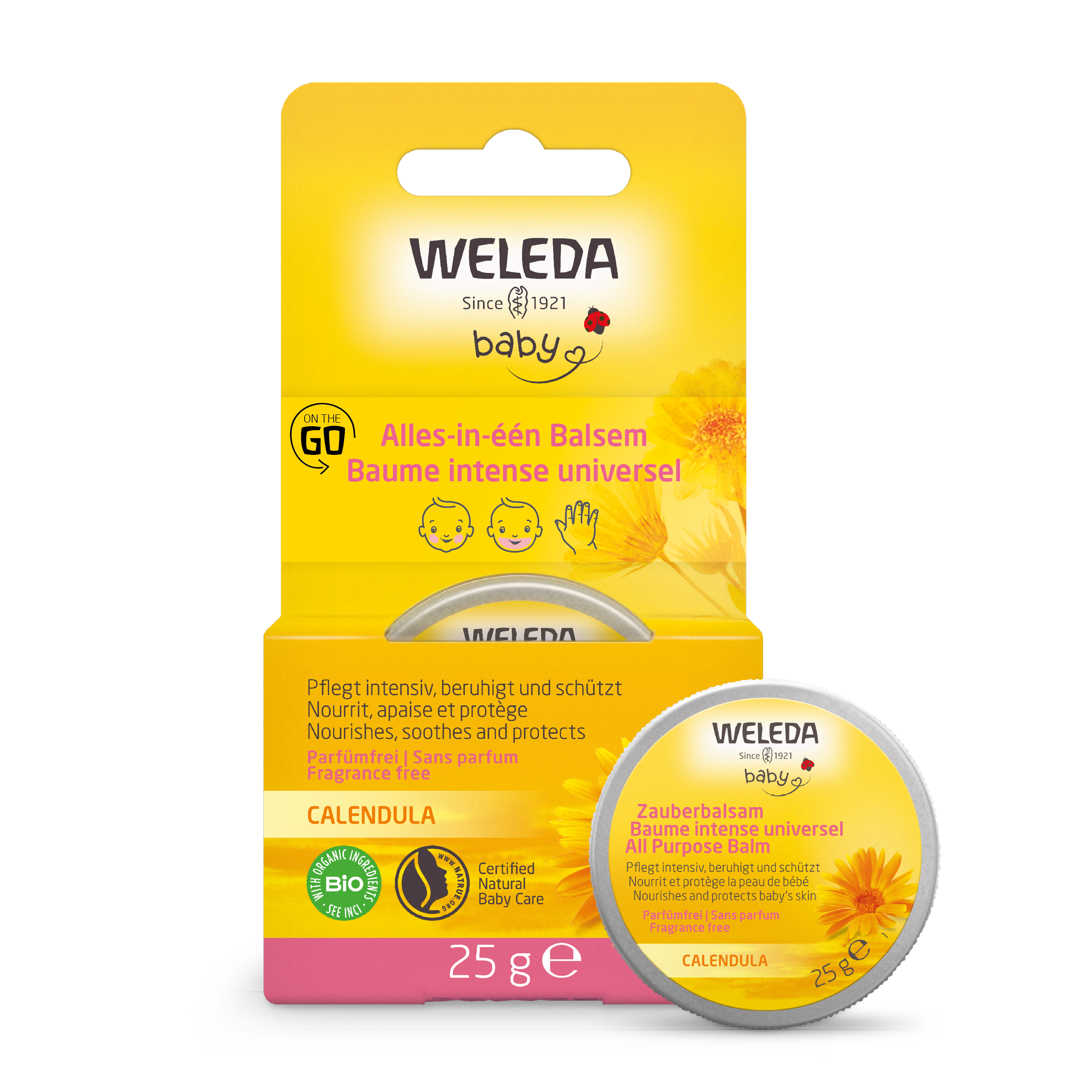Weleda Calendula alles-in-een balsem for babies and toddlers in a 25g tube, gentle skin care for sensitive skin.
