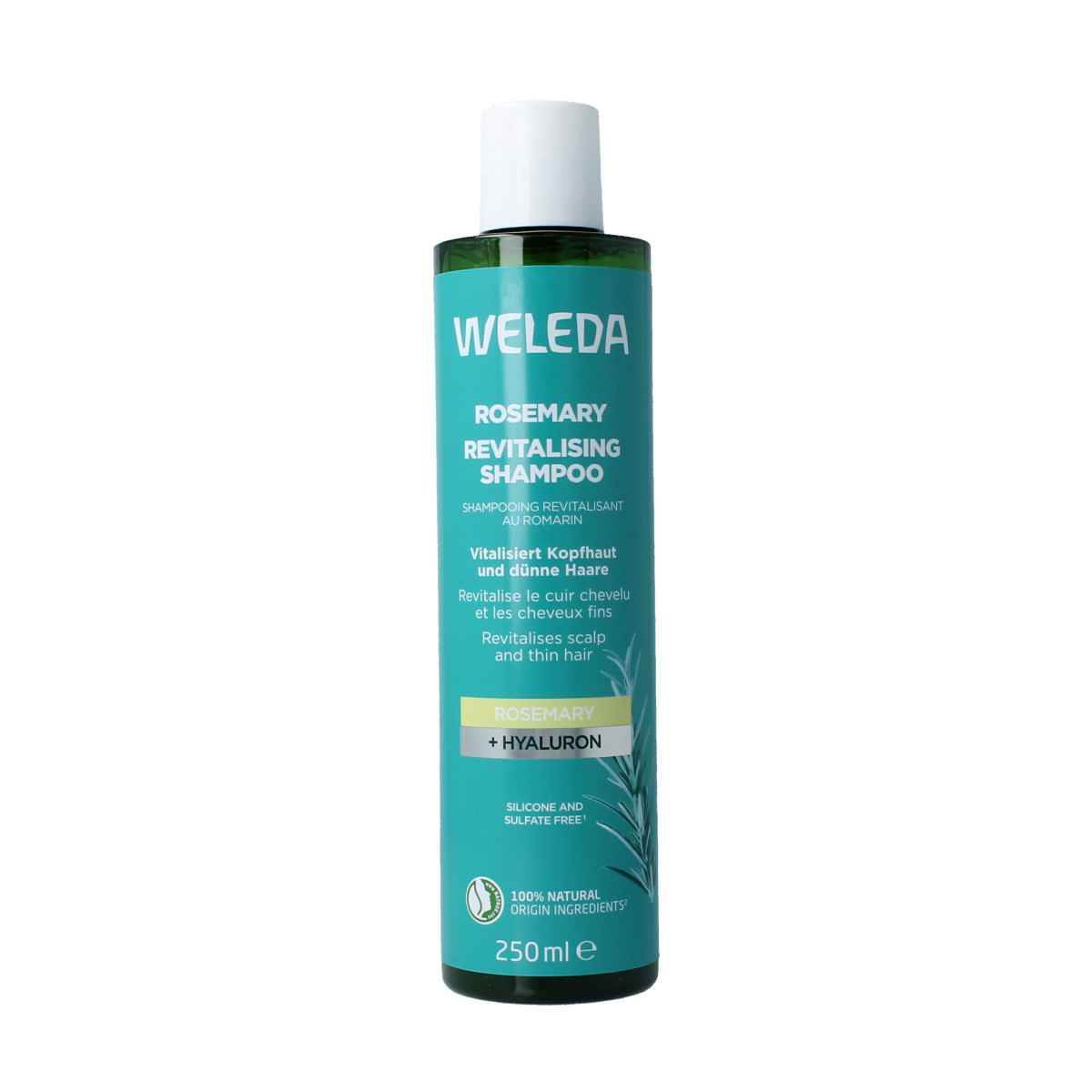 Weleda Rozemarijn revitaliserende shampoo 250ml bottle, natural haircare product for scalp refreshment and hair vitality.