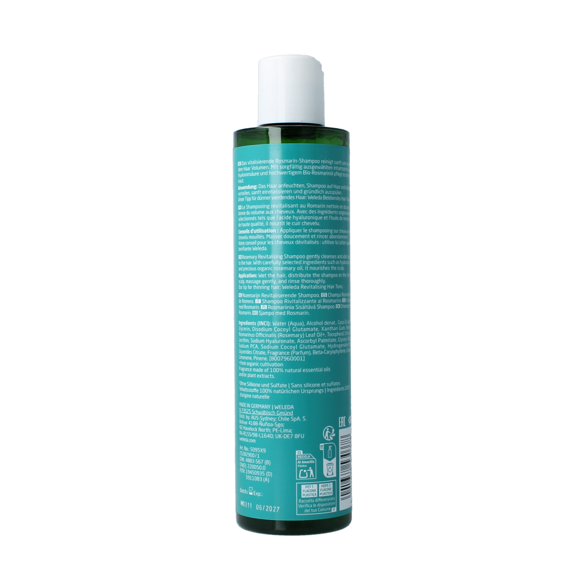 Weleda Rozemarijn revitaliserende shampoo in 250ml bottle, featuring natural rosemary extract for nourishing hair care.