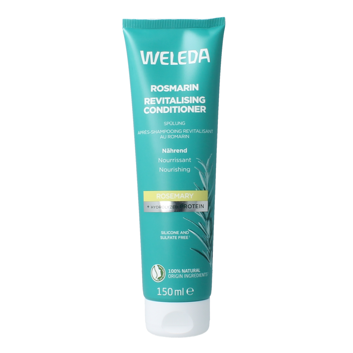 Weleda Rozemarijn revitaliserende conditioner in 150ml bottle, designed for hair care and scalp refreshment.
