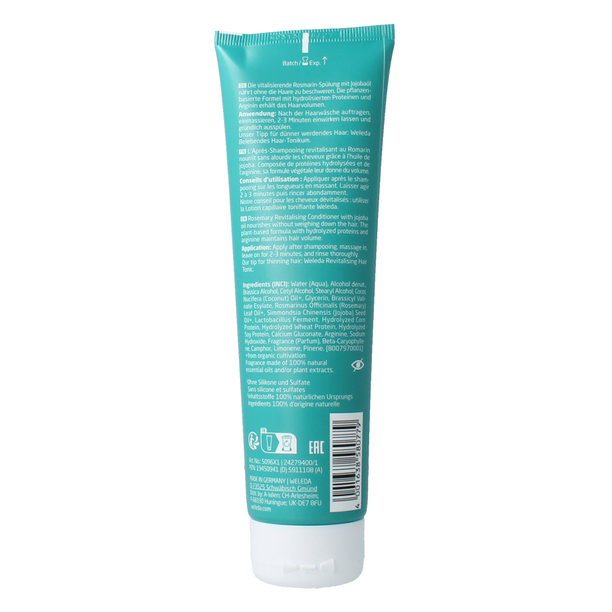Weleda Rozemarijn revitaliserende conditioner for hair, 150ml, in a clear bottle with a flip-top cap, showcasing fresh rosemary ingredients.