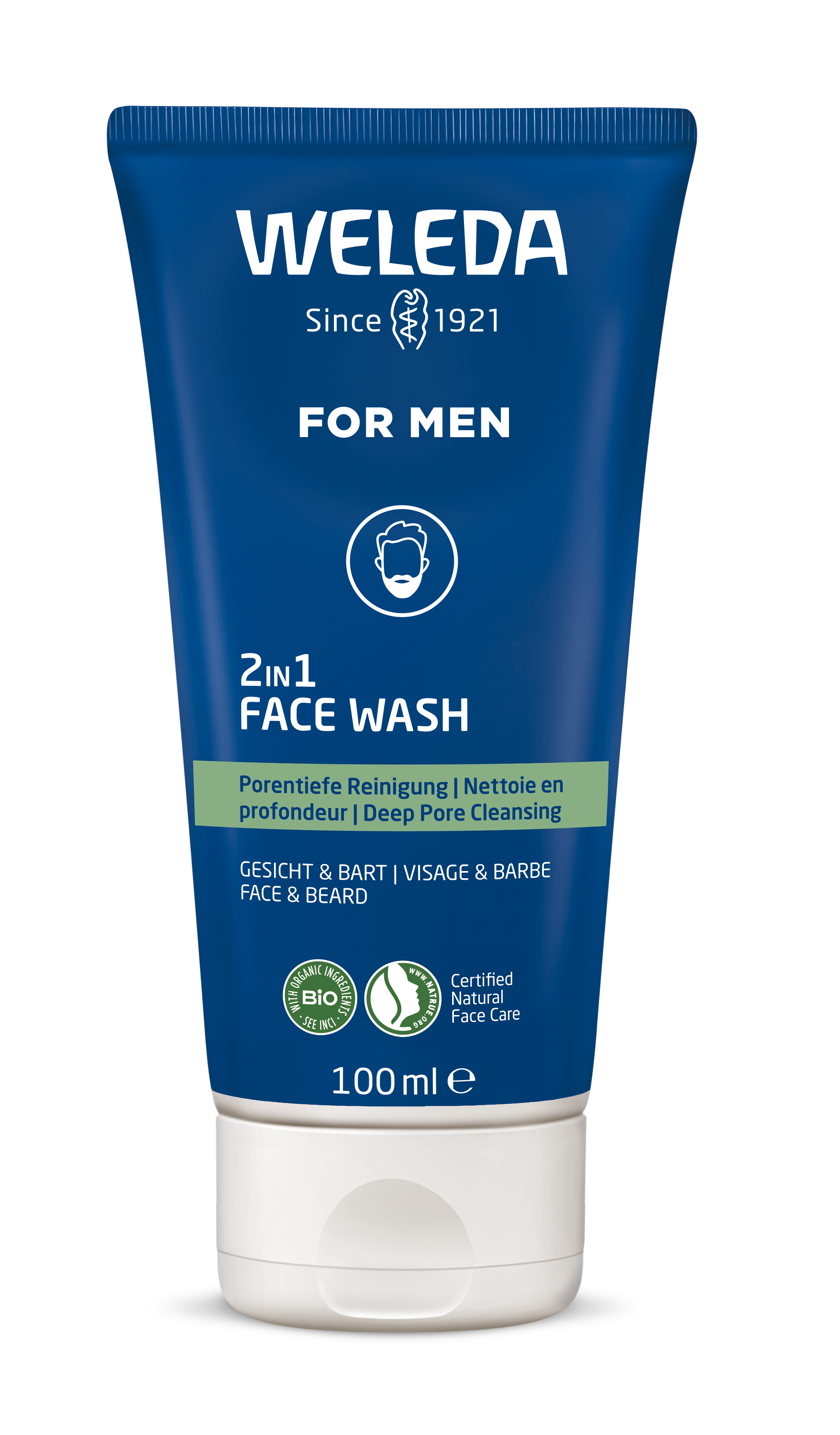 Weleda Men 2-in-1 facial and beard cleansing gel in a 100ml bottle, suitable for men's skincare and grooming routines.