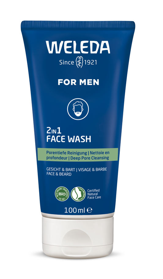 Weleda Men 2-in-1 facial and beard cleansing gel in a 100ml bottle, suitable for men's skincare and grooming routines.
