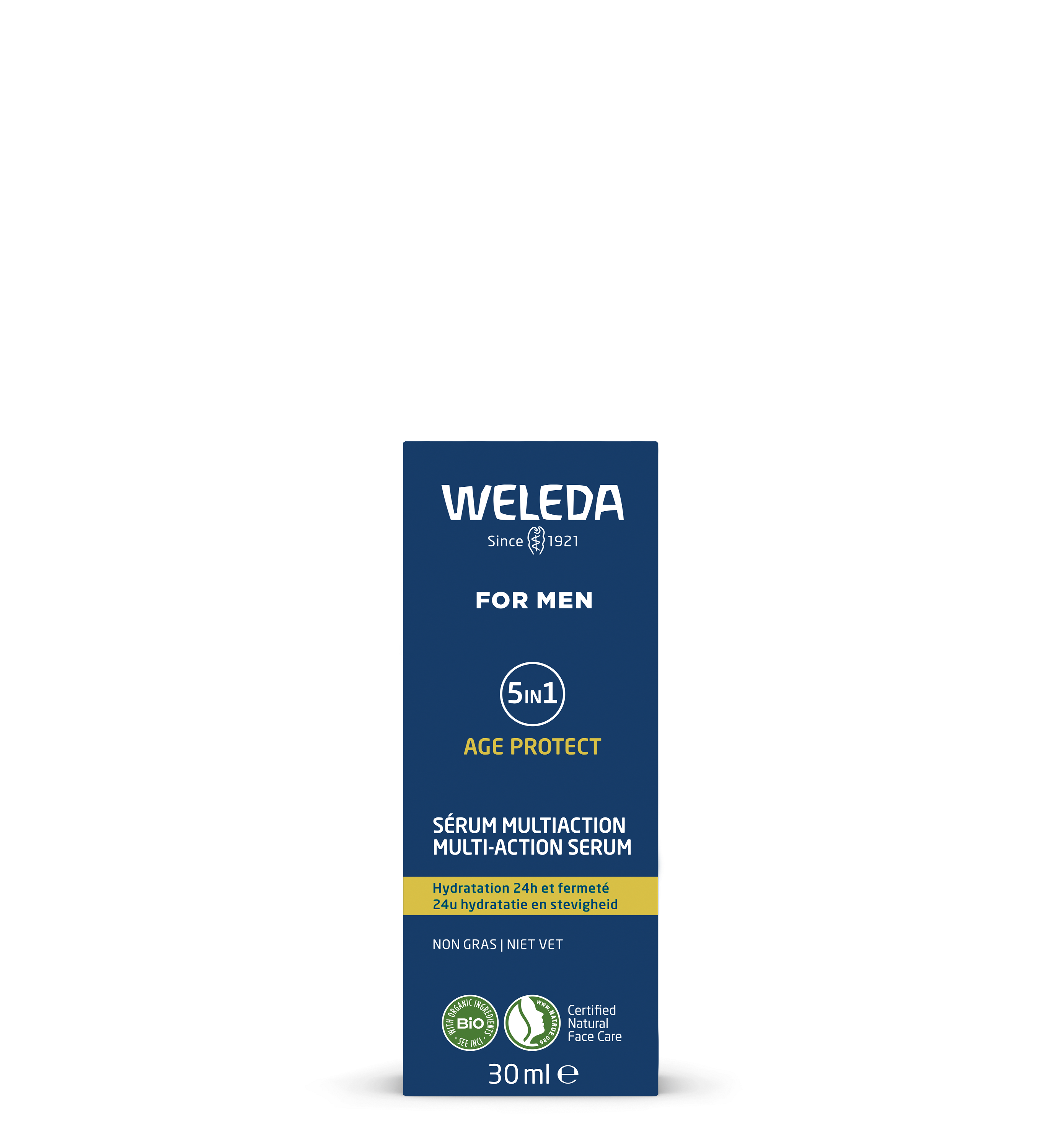 Weleda Men 5-in-1 multi-action facial serum in a 30ml bottle, featuring a sleek design with a pump dispenser and label.