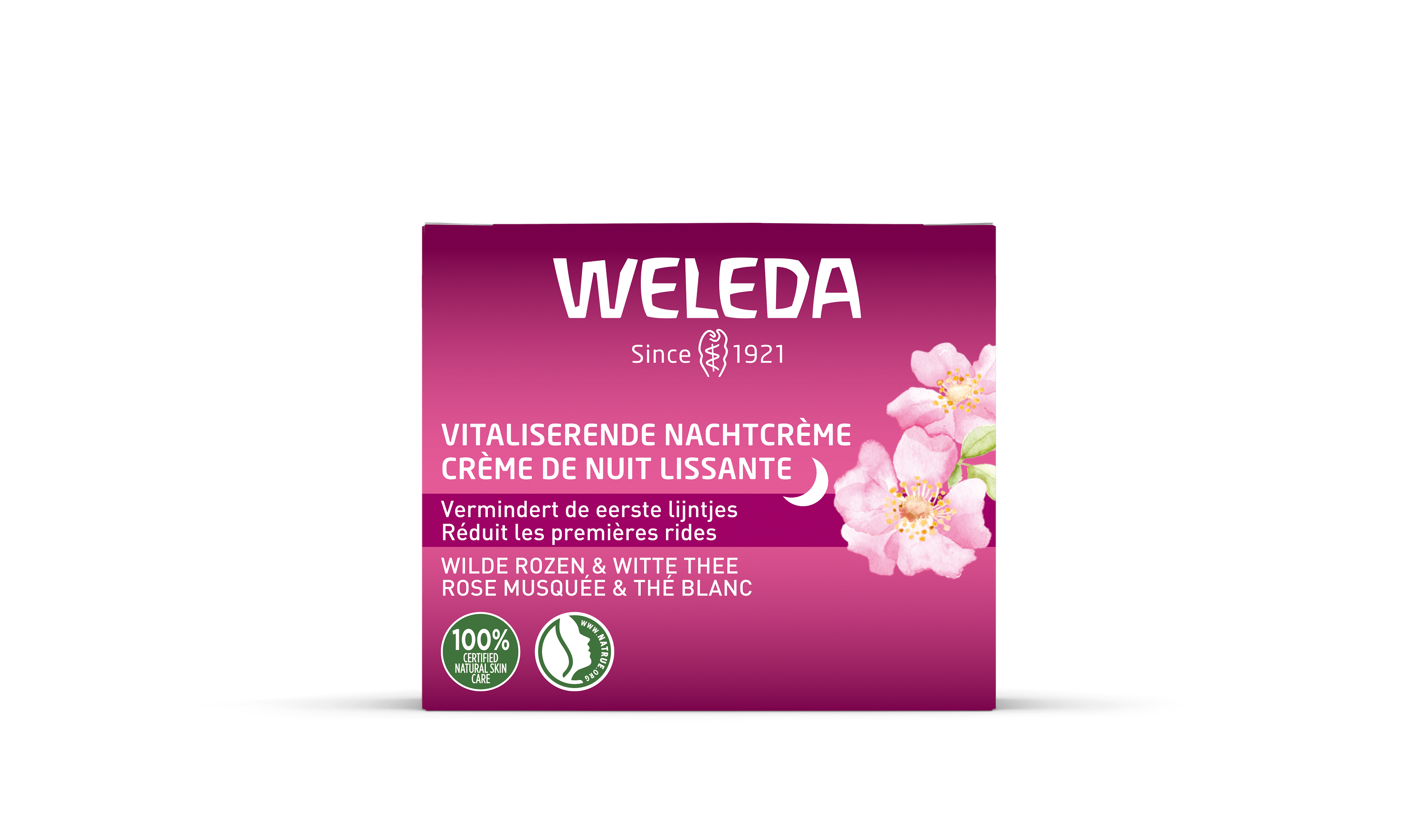 Weleda Wilde Rozen en Witte Thee nachtcrème in 40ml, gezichtsverzorging met natuurlijke ingrediënten, in een witte pot.