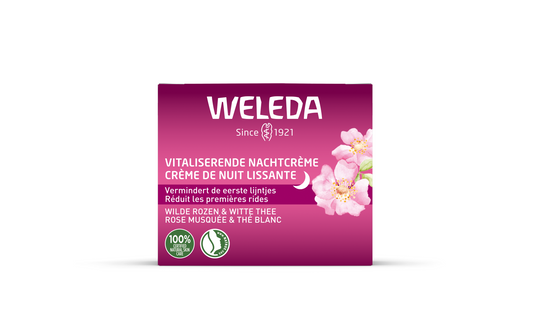 Weleda Wilde Rozen en Witte Thee nachtcrème in 40ml, gezichtsverzorging met natuurlijke ingrediënten, in een witte pot.