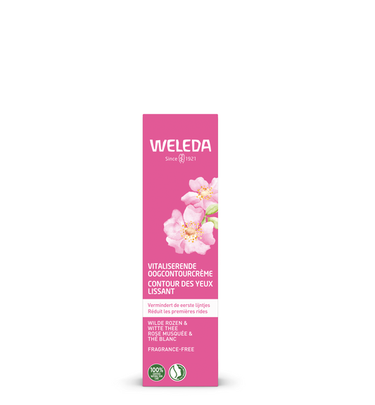 Weleda Wilde Rozen en Witte Thee oogcrème in 12ml, gezichtsverzorging met natuurlijke ingrediënten, close-up van de oogcrème tube