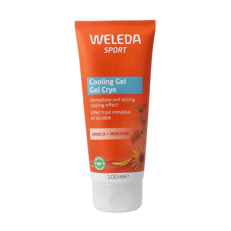 Weleda Arnica cooling gel in a 100ml tube, designed for muscle and joint care, with a soothing, natural formula.