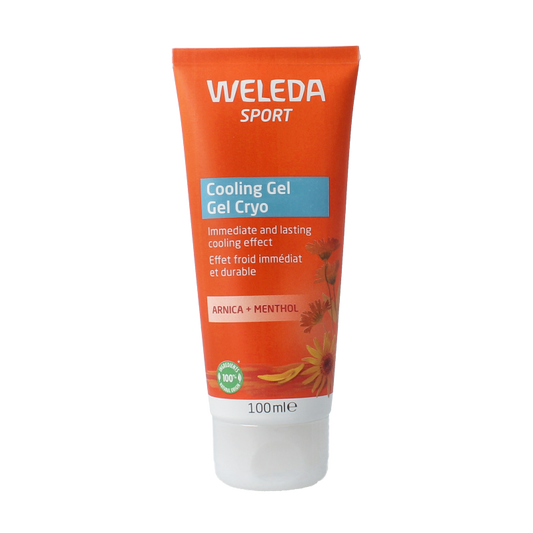Weleda Arnica cooling gel in a 100ml tube, designed for muscle and joint care, with a soothing, natural formula.