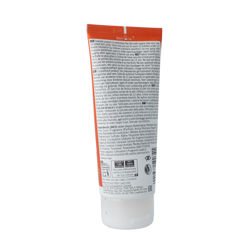 Weleda Arnica cooling gel for muscle and joint care, 100ml, natural bio skincare product with herbal ingredients.