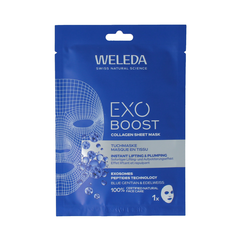 Weleda Exo Boost collagen sheet mask for facial care, 20ml, with a close-up view of the mask's packaging and texture.