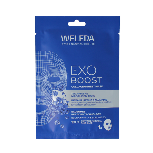 Weleda Exo Boost collagen sheet mask for facial care, 20ml, with a close-up view of the mask's packaging and texture.