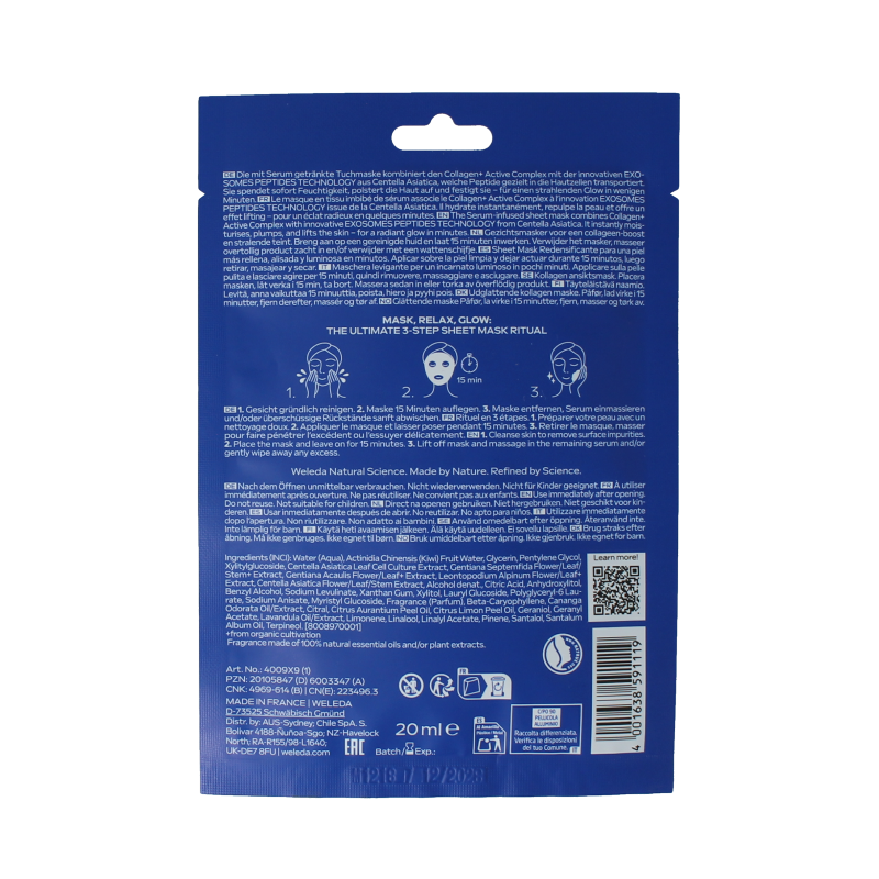 Weleda Exo Boost Collagen Sheet Mask for facial care, showing the 20ml bio collagen mask in a packaging with natural ingredients.