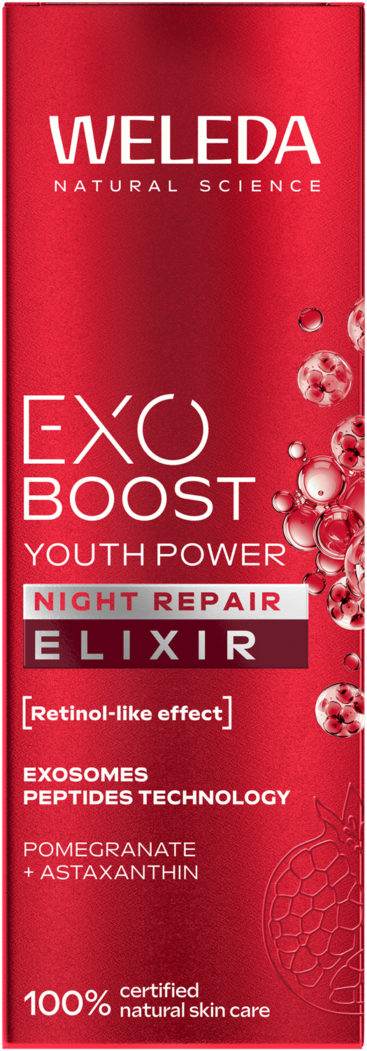Weleda Exo Night Repair Elixir with pomegranate and astaxanthin, 30ml, facial skincare product in a glass bottle with dropper