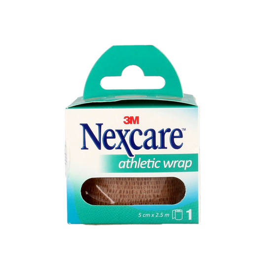Nexcare Zwachtel huid 5cm x 2.5m, sterile elastic bandage for wound support, shown rolled out on a white background.