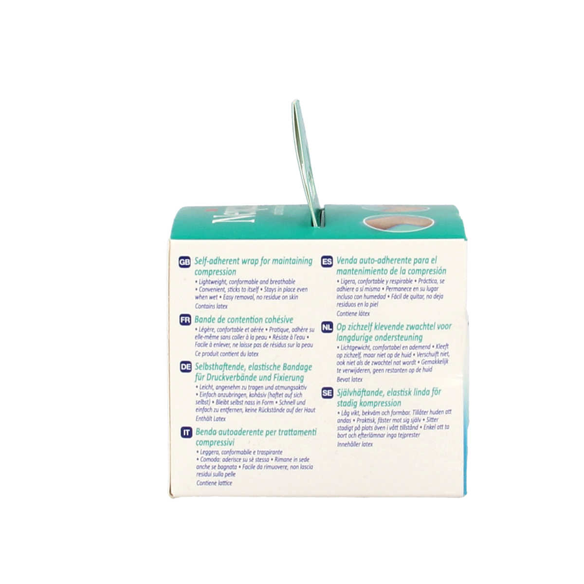 Nexcare Zwachtel huid 5cm x 2.5m in a roll, ideal for quick bandages and wound support, shown unrolled on a white background.