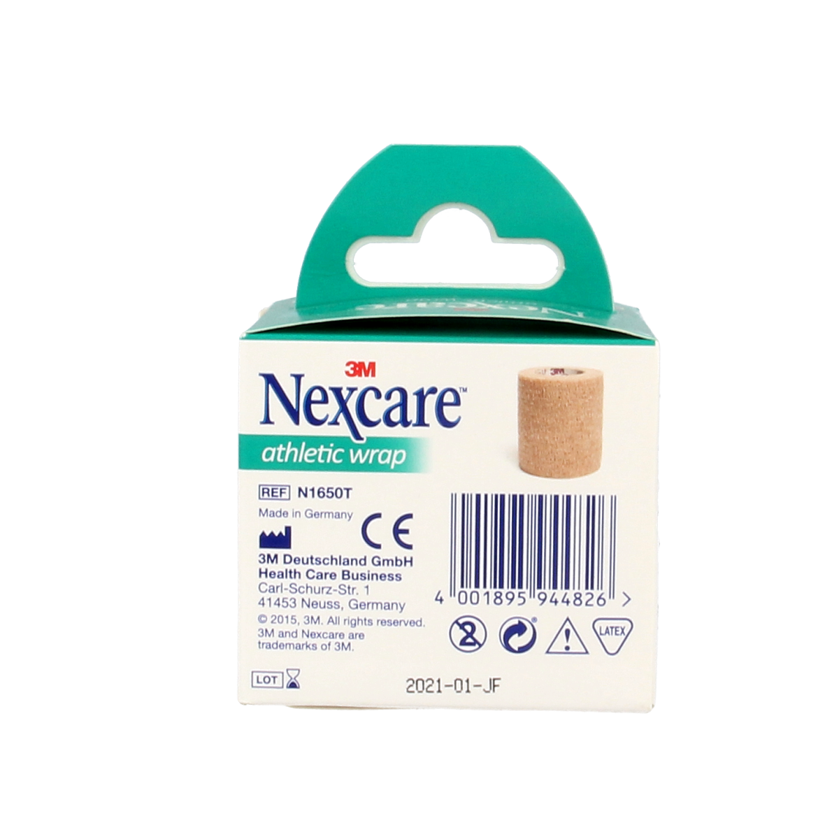 Nexcare Zwachtel huid 5cm x 2.5m, sterile elastic bandage for wound support, shown wrapped around a medical application