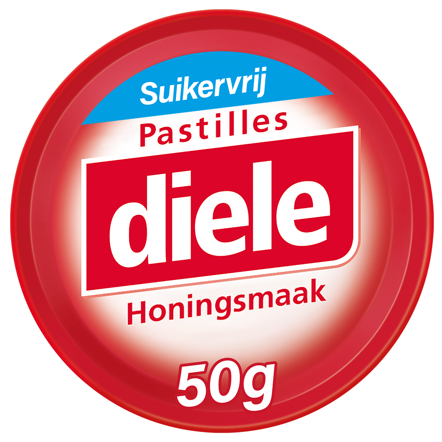 Honing suikervrij diele snoepgoed in 50 gram package, natural sweetener, golden color, and soft texture.