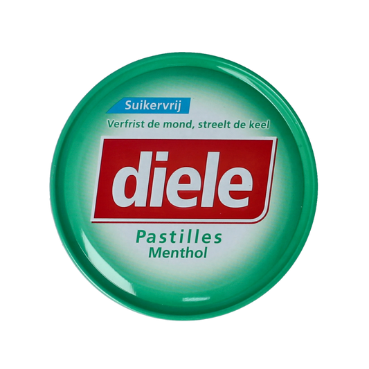 Diele Menthol sugar-free candy in 50g package, showing green mint-flavored sweets in clear packaging.