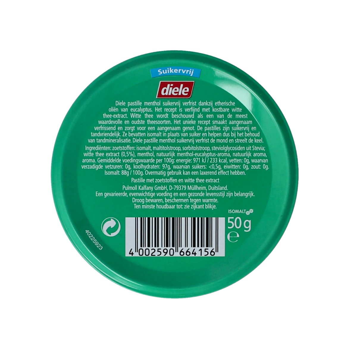 Diele Menthol sugar-free candies in 50g package, showing green menthol lozenges with clear packaging and branding.