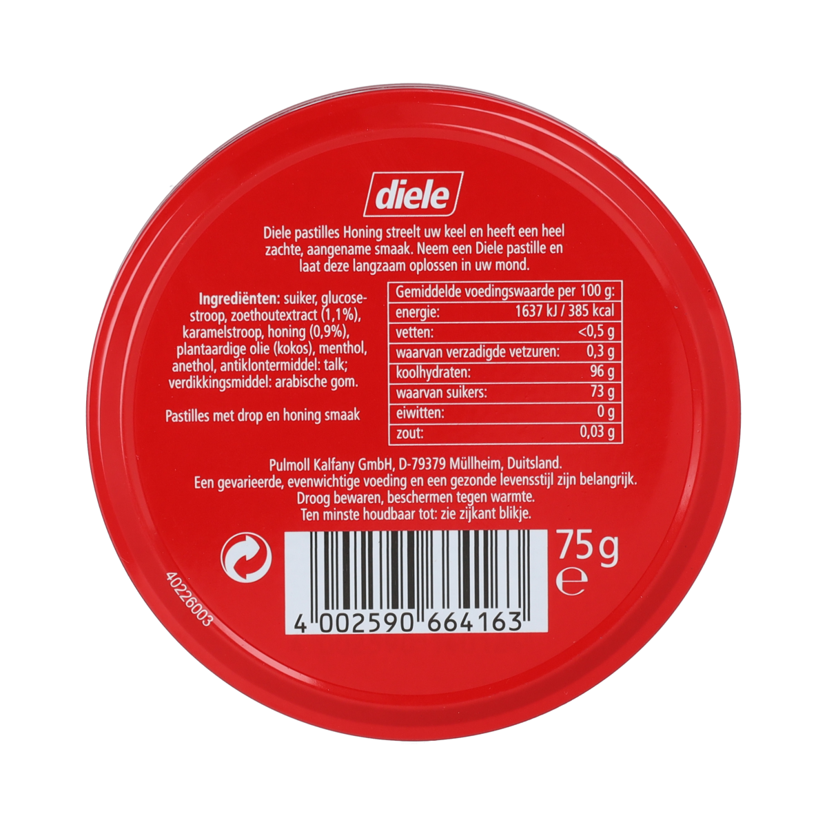 Diele honing snoepgoed in 75g package, golden-colored honey candies with a smooth, shiny surface.