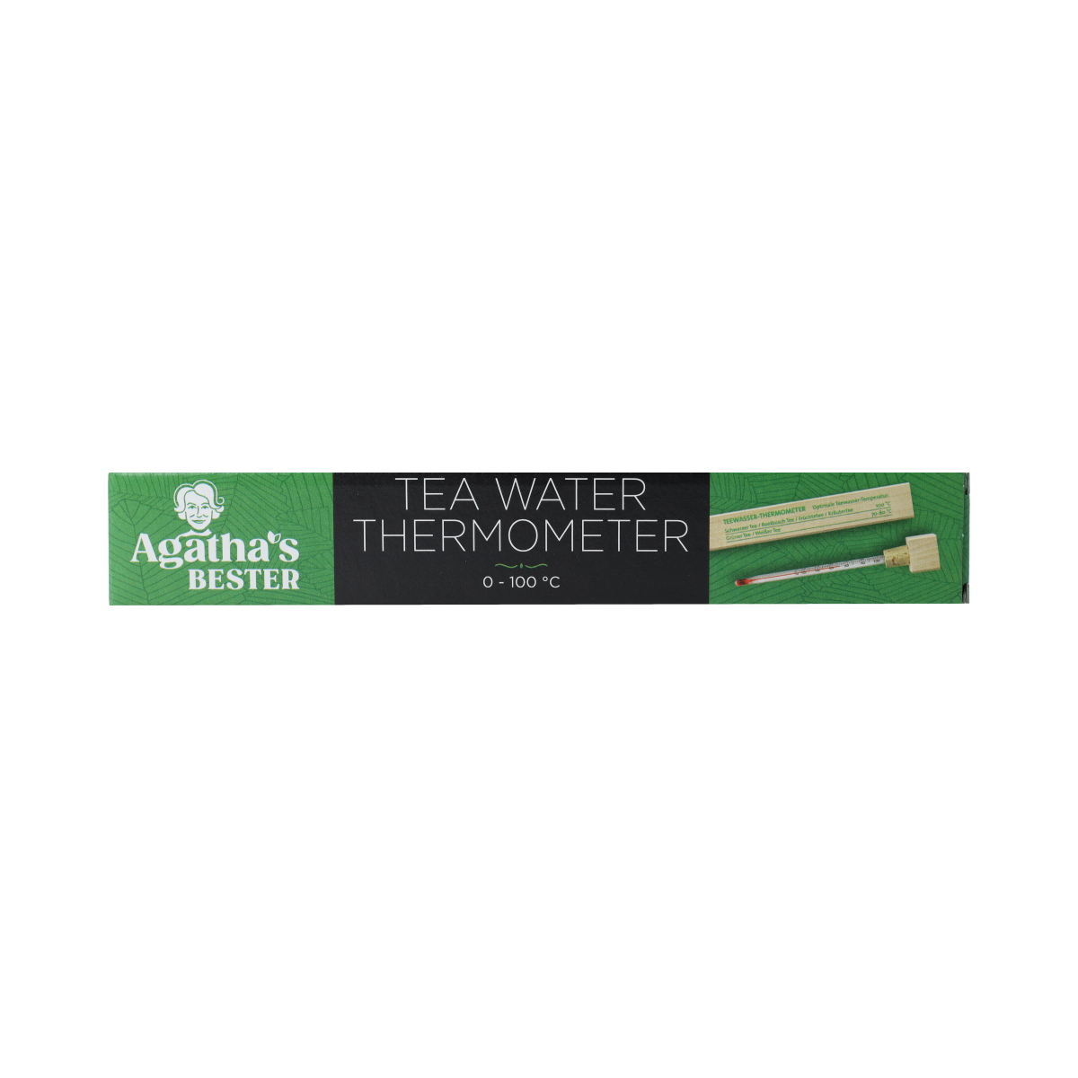Agatha’s Bester tea water thermometer in wooden box, perfect for cooking and serving tea, with clear temperature display.