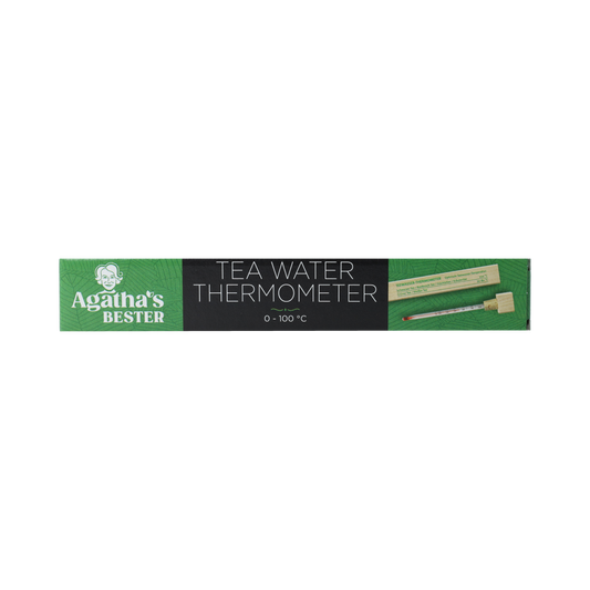 Agatha’s Bester tea water thermometer in wooden box, perfect for cooking and serving tea, with clear temperature display.