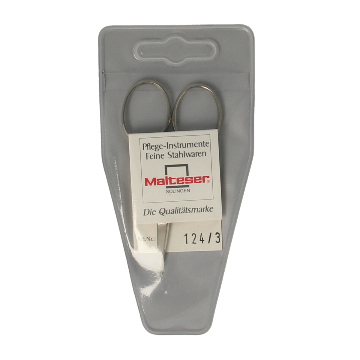 Malteser mini straight steel scissors, model 124-3, showing sharp blades and compact design for precise cutting.