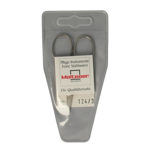 Malteser mini straight steel scissors, model 124-3, showing sharp blades and compact design for precise cutting.