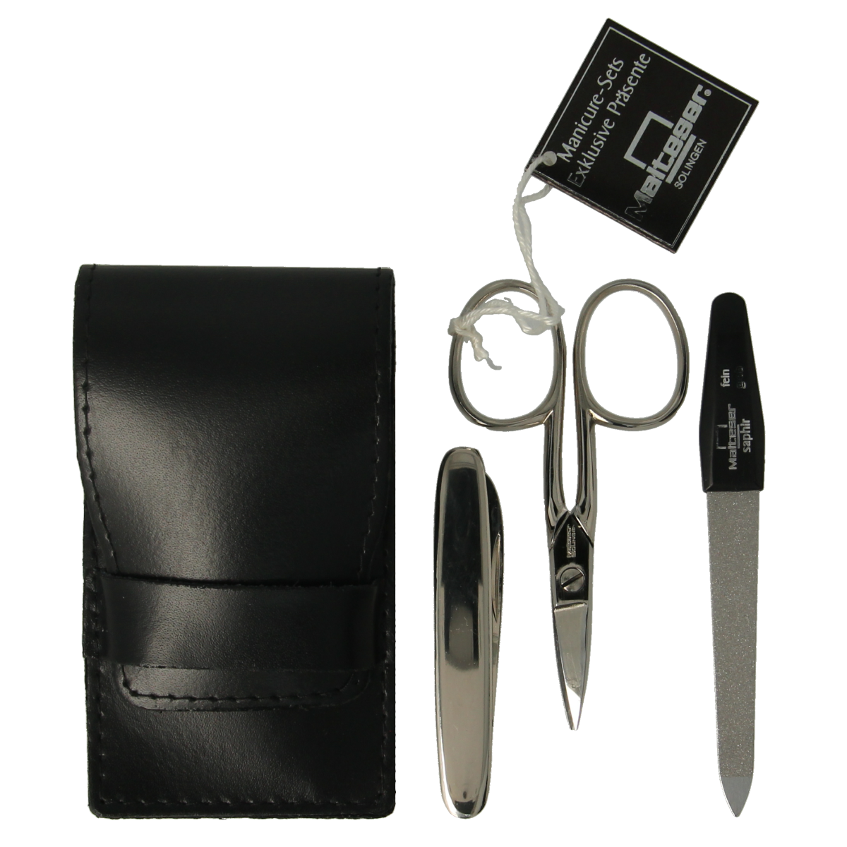 Malteser Zaketui 3-delig set with round leather case, manicure and pedicure tools, and a pocket knife in a compact bundle.