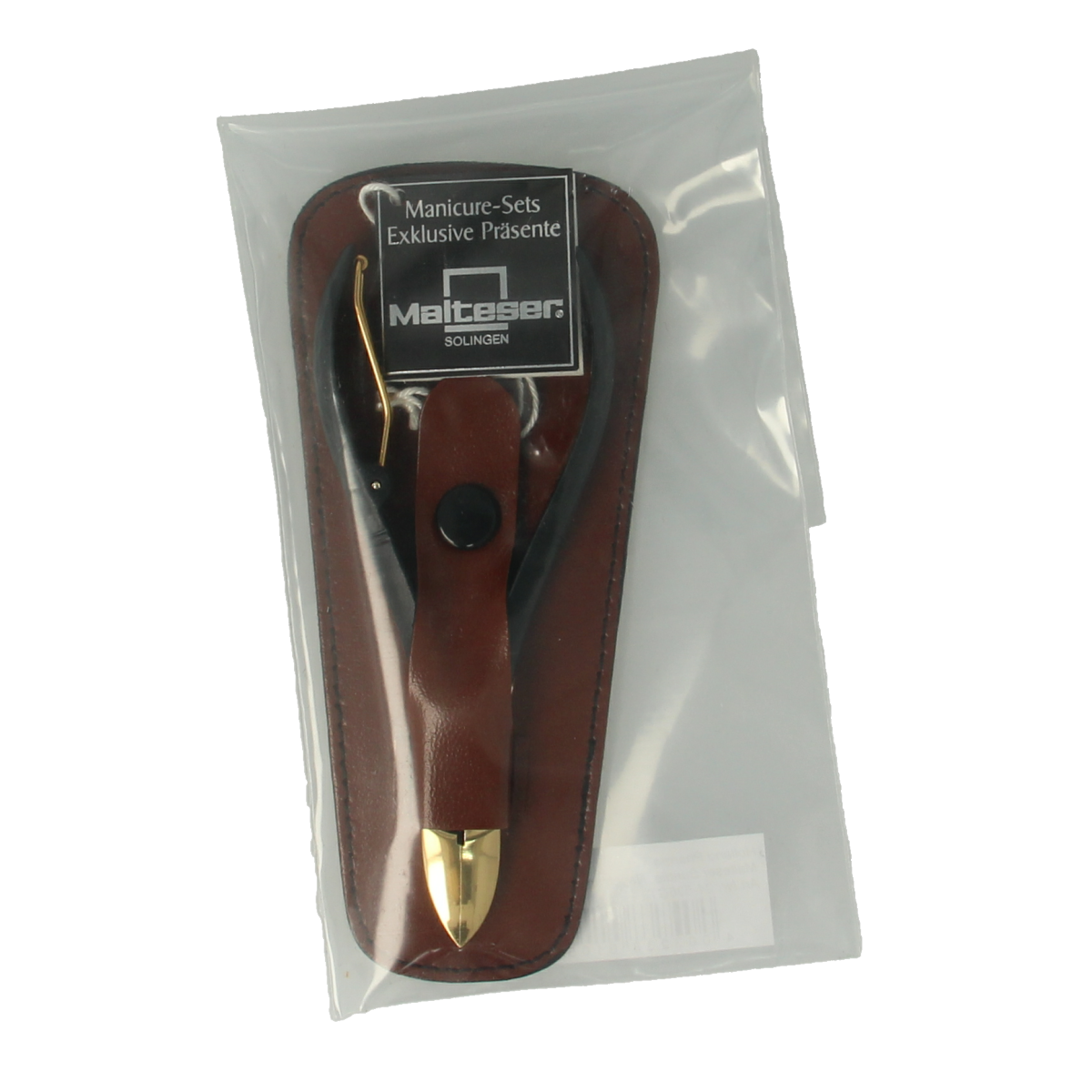 Malteser Nageltang 10cm met luxe bruin leren hoes, manicure en pedicure instrument, close-up of nail cutting tool.