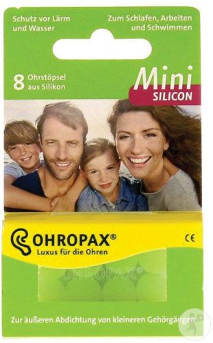 Pair of Ohropax Silicon mini ear protection earplugs in a box, designed for comfortable hearing protection.