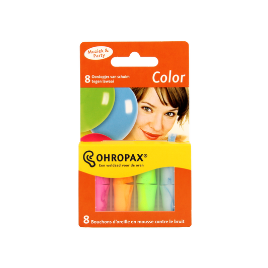 Ohropax soundproof earplugs in colorful packaging, 8-pack for hearing protection and noise reduction.