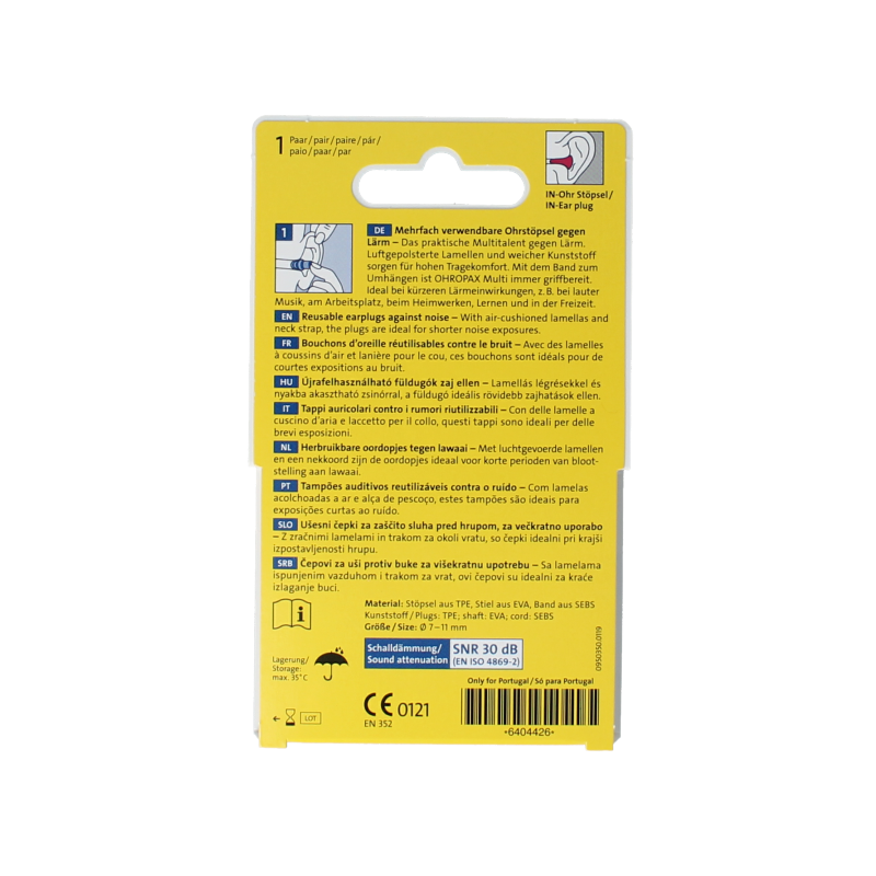 Ohropax Multi ear protection earplugs in packaging, designed for noise reduction and hearing safety.