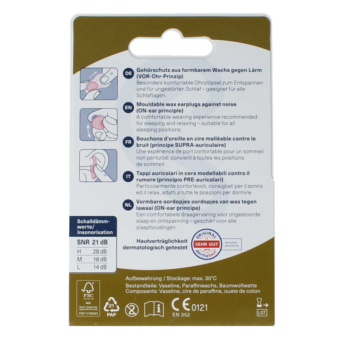 Set of 20 Ohropax classic earplugs for hearing protection, shown in a close-up image with soft foam tips.