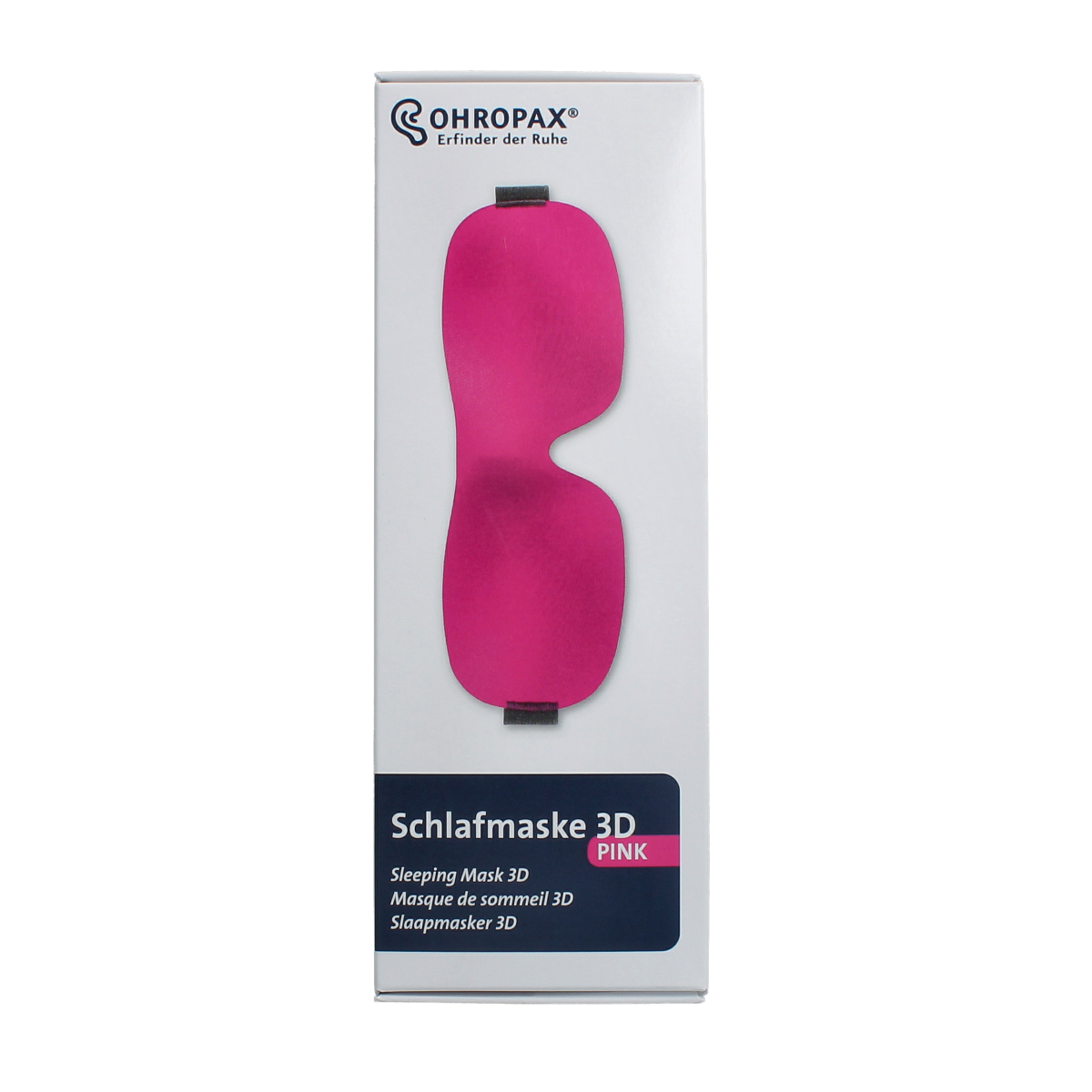 Pink Ohropax sleep mask for comfort and relaxation, shown in a close-up image highlighting soft fabric and snug fit.