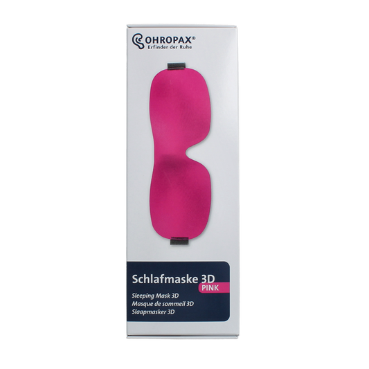 Pink Ohropax sleep mask for comfort and relaxation, shown in a close-up image highlighting soft fabric and snug fit.