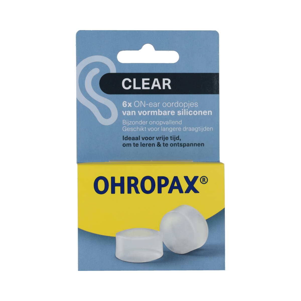 Clear Ohropax Silicon ear protection earplugs, 6-pack, soft and reusable for noise reduction and comfort.