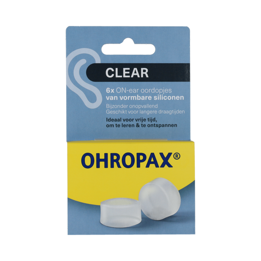 Clear Ohropax Silicon ear protection earplugs, 6-pack, soft and reusable for noise reduction and comfort.