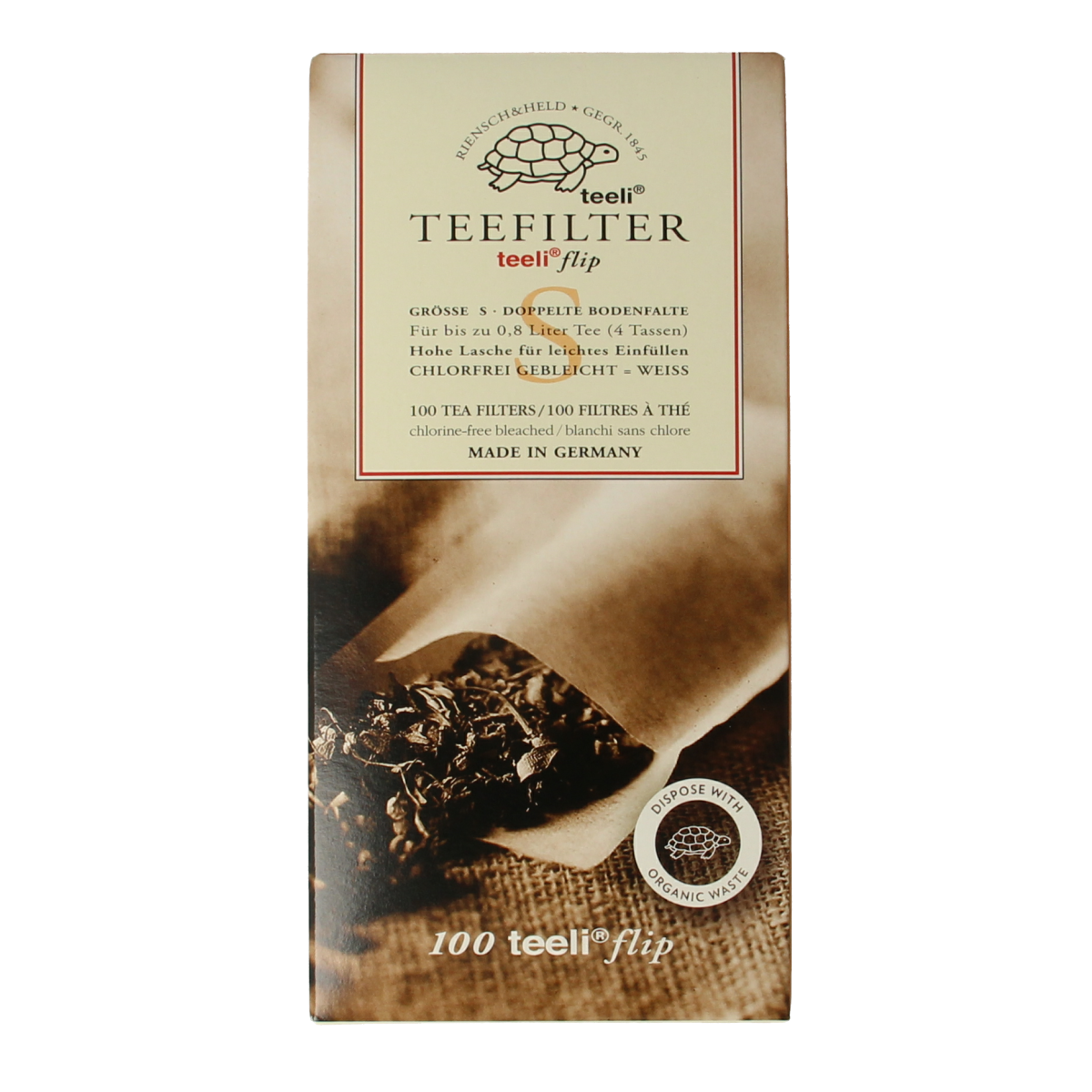 Box of 100 Teeli Theefilters for coffee and tea, showing individual filters in a clear container with packaging.